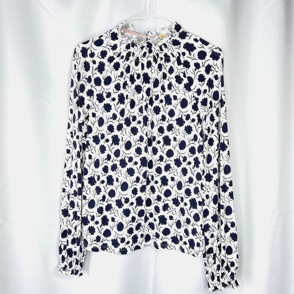 Boden Women's Ruffle Stand Mock Neck Collar Knit Top Size 6 White Navy Floral